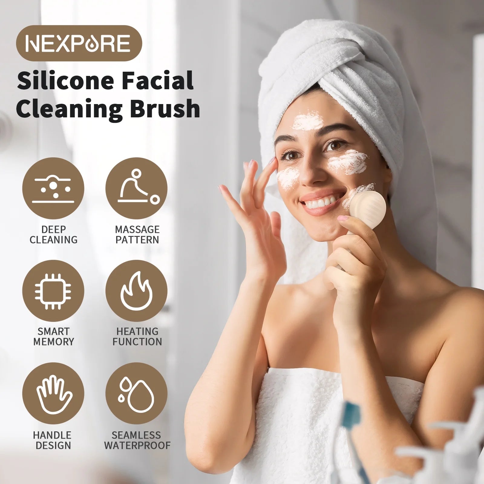 Facial Cleansing Brush, IPX7 Waterproof Sonic Face Scrubber, Rechargeable Electric Silicone Face Brush for Deep Cleansing and Exfoliation