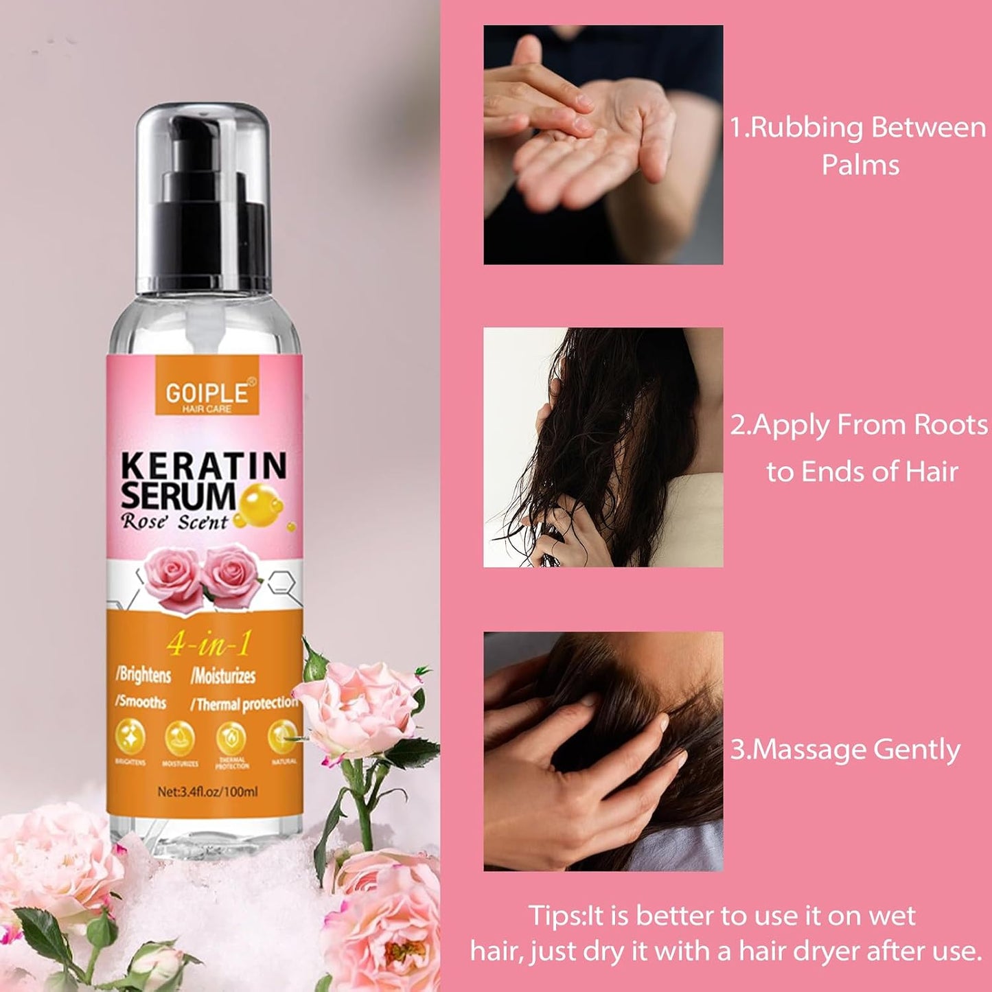 Keratin Protein Hair Serum Keratin Styling & Moisturizing Oil - anti Frizz Control Nourishes & Repair Keratin Serum Oil for Dry Damaged Hair Heat Protectant Serum for Shine Prevent Hair Burns (Rose)
